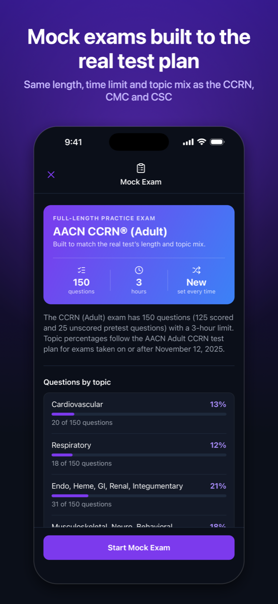 ICU Basics mock exam intro screen on an iPhone